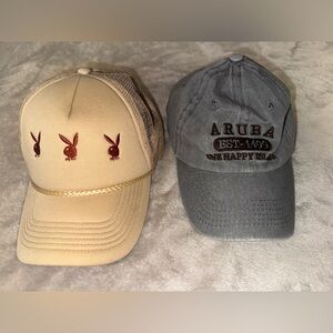 PLAYBOY Beige Trucker Hat with Maroon Bunny Embroidery and Aruba Hat